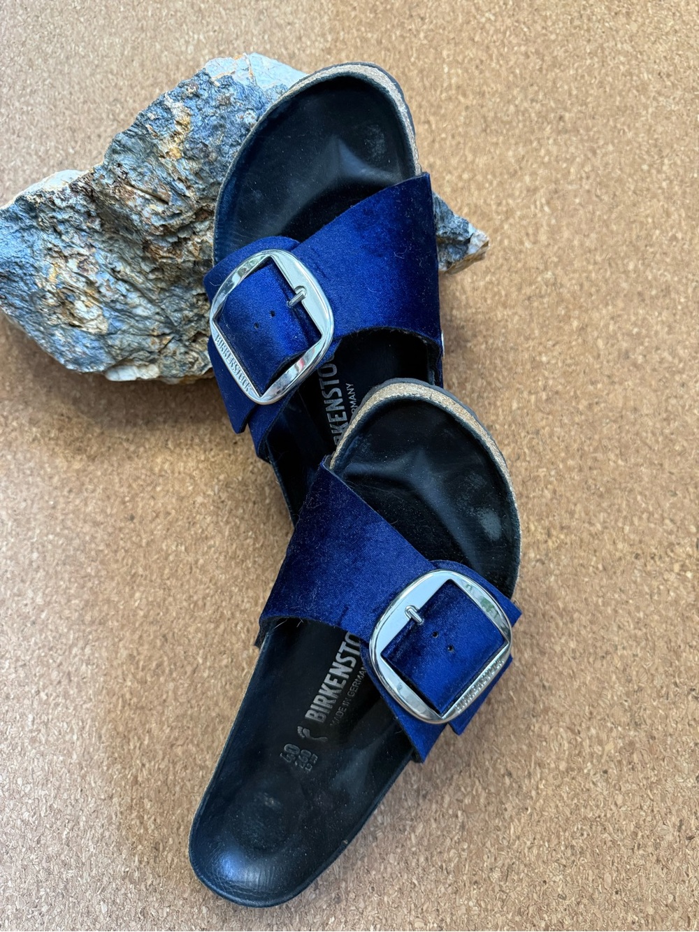 Birkenstock Women’s Blue Suede Double Buckle Slide Sandals